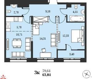 3-к квартира, вторичка, 63м2, 18/19 этаж