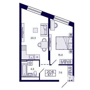 2-к квартира, строящийся дом, 47м2, 14/30 этаж