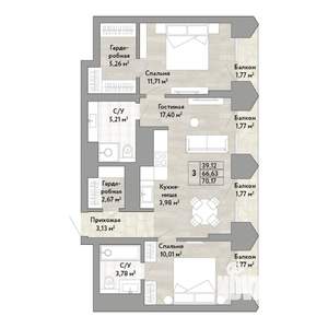 3-к квартира, строящийся дом, 67м2, 18/22 этаж