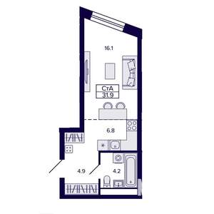 1-к квартира, строящийся дом, 32м2, 6/30 этаж