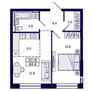 2-к квартира, строящийся дом, 44м2, 1/22 этаж