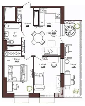 2-к квартира, вторичка, 55м2, 18/23 этаж