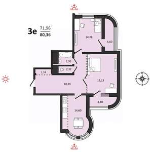 3-к квартира, строящийся дом, 80м2, 13/25 этаж