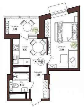 1-к квартира, строящийся дом, 31м2, 20/23 этаж