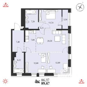 4-к квартира, строящийся дом, 90м2, 12/19 этаж