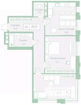 2-к квартира, вторичка, 89м2, 7/20 этаж