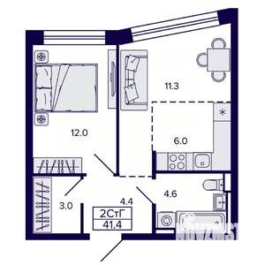 2-к квартира, строящийся дом, 41м2, 11/22 этаж