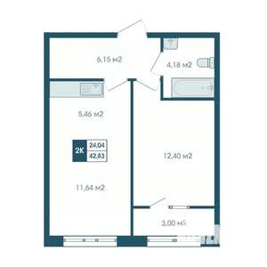 2-к квартира, строящийся дом, 43м2, 9/17 этаж