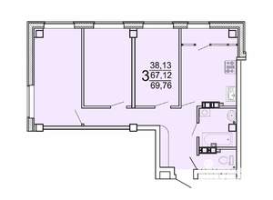 3-к квартира, строящийся дом, 72м2, 25/25 этаж
