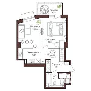 1-к квартира, вторичка, 44м2, 18/23 этаж