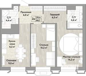 2-к квартира, вторичка, 66м2, 9/21 этаж