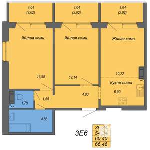 3-к квартира, строящийся дом, 66м2, 7/10 этаж