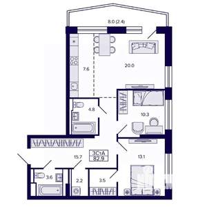 3-к квартира, строящийся дом, 83м2, 4/22 этаж