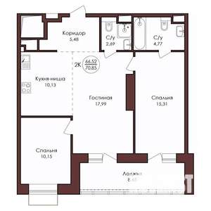2-к квартира, вторичка, 71м2, 2/23 этаж
