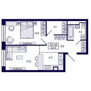 2-к квартира, строящийся дом, 52м2, 4/22 этаж