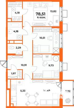 4-к квартира, вторичка, 79м2, 2/10 этаж
