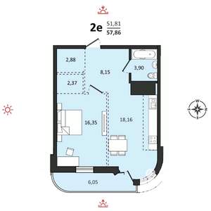 2-к квартира, вторичка, 58м2, 24/25 этаж