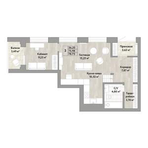 3-к квартира, строящийся дом, 76м2, 1/22 этаж