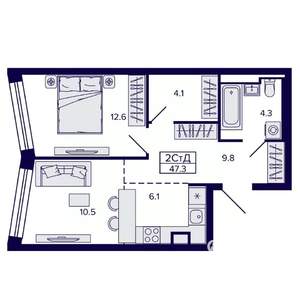 2-к квартира, вторичка, 47м2, 8/22 этаж