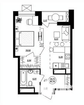 2-к квартира, строящийся дом, 40м2, 4/17 этаж
