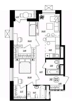 3-к квартира, строящийся дом, 66м2, 1/17 этаж