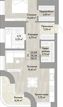 2-к квартира, вторичка, 56м2, 18/22 этаж