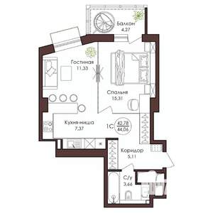 1-к квартира, вторичка, 44м2, 19/23 этаж