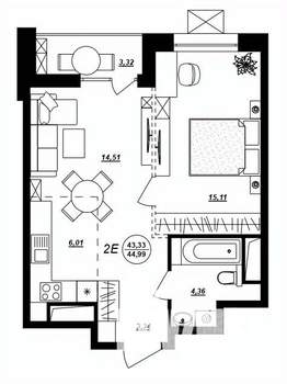 2-к квартира, строящийся дом, 45м2, 16/17 этаж