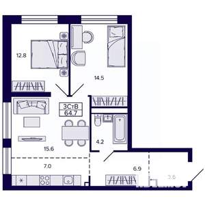 3-к квартира, строящийся дом, 65м2, 6/22 этаж