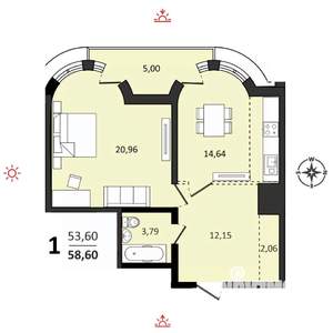 1-к квартира, вторичка, 59м2, 24/25 этаж