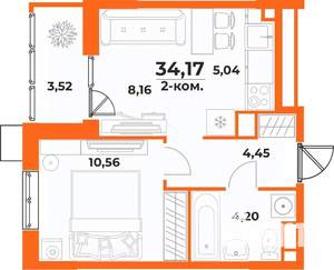 2-к квартира, вторичка, 34м2, 6/10 этаж