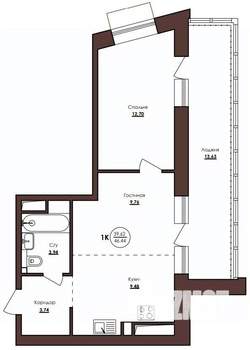 1-к квартира, строящийся дом, 46м2, 3/23 этаж