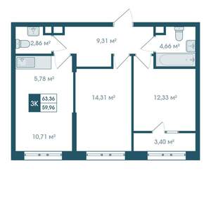 3-к квартира, вторичка, 63м2, 8/15 этаж