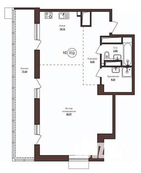 1-к квартира, строящийся дом, 71м2, 21/23 этаж