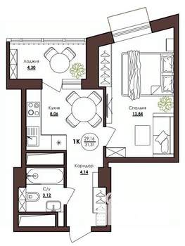 1-к квартира, строящийся дом, 31м2, 18/23 этаж