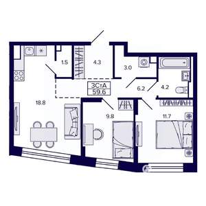 3-к квартира, строящийся дом, 60м2, 13/30 этаж