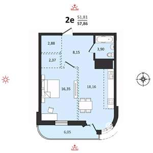 2-к квартира, строящийся дом, 58м2, 13/25 этаж