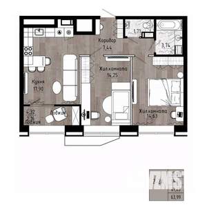 2-к квартира, вторичка, 62м2, 6/15 этаж