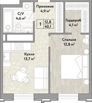 1-к квартира, вторичка, 40м2, 14/21 этаж