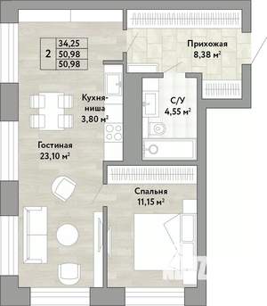 2-к квартира, вторичка, 51м2, 22/22 этаж