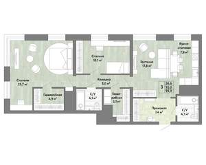 3-к квартира, строящийся дом, 95м2, 19/22 этаж