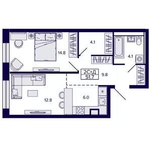 2-к квартира, строящийся дом, 52м2, 19/22 этаж