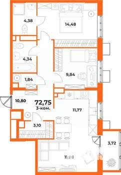 3-к квартира, вторичка, 73м2, 5/10 этаж