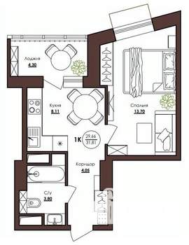 1-к квартира, строящийся дом, 31м2, 12/23 этаж