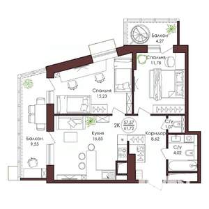 2-к квартира, вторичка, 62м2, 16/23 этаж