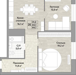 2-к квартира, вторичка, 64м2, 16/22 этаж