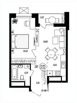2-к квартира, строящийся дом, 43м2, 6/17 этаж