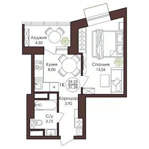 1-к квартира, строящийся дом, 31м2, 2/23 этаж