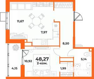 2-к квартира, вторичка, 48м2, 1/10 этаж