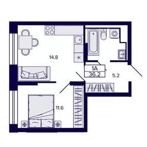 1-к квартира, строящийся дом, 36м2, 19/30 этаж
